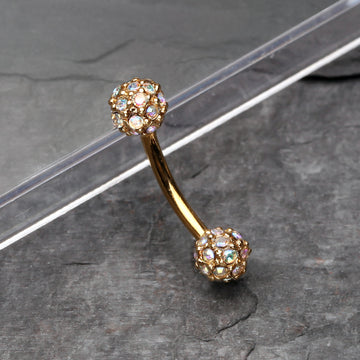 Detail View 1 of Golden Pave Sparkle Full Dome Curved Barbell Ring-Aurora Borealis
